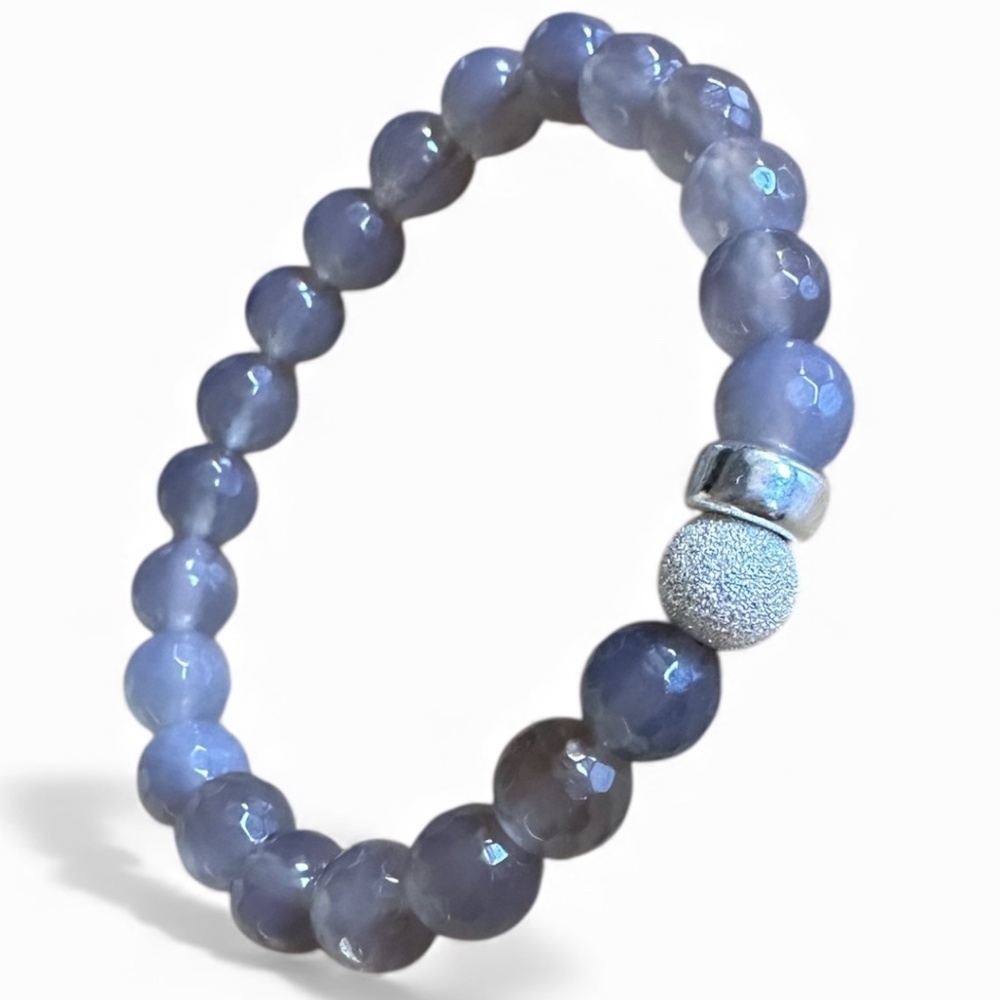 Faceted Chalcedony Beaded Bracelet | Sterling Silver Accents | 8mm